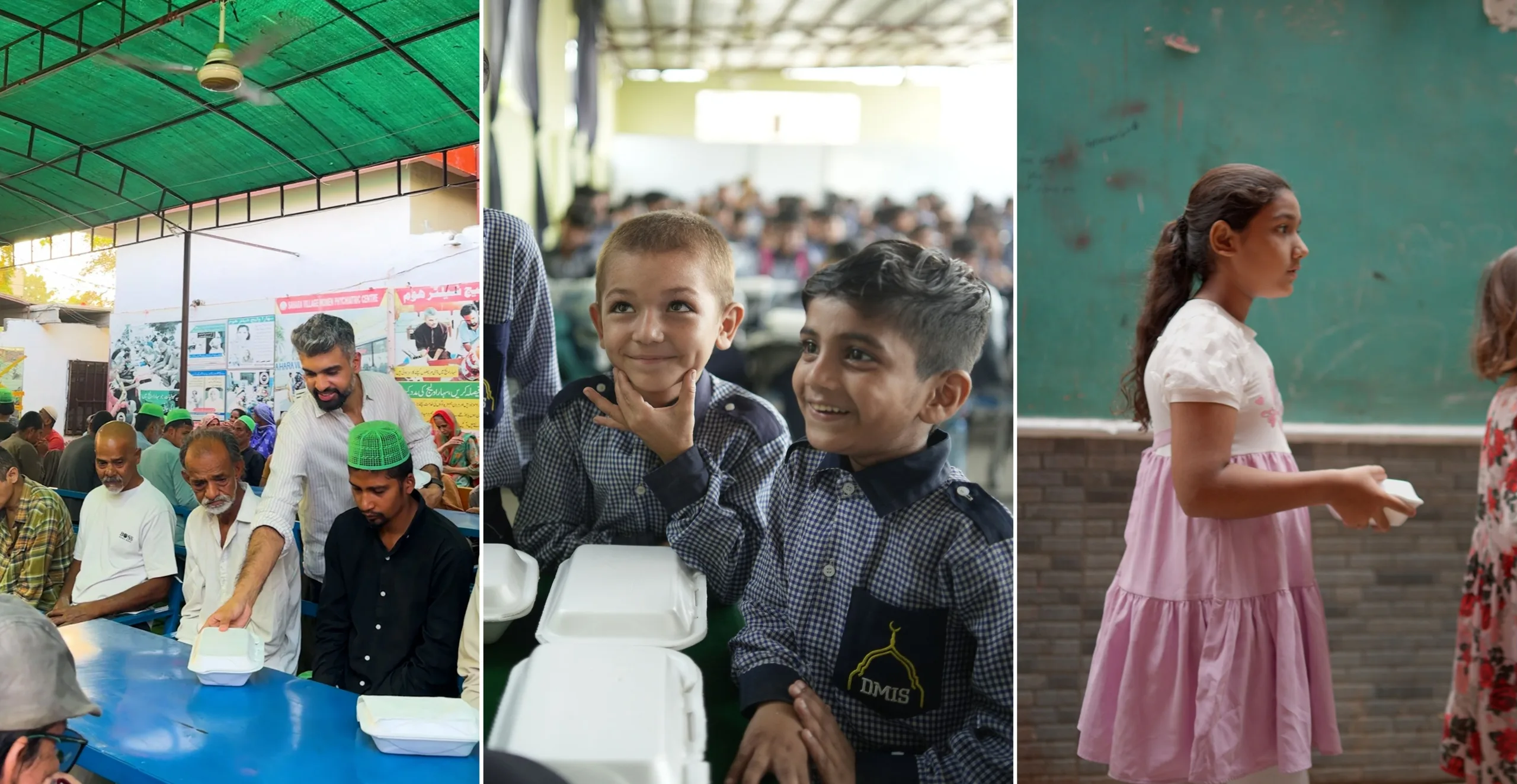 Three scenes from Shukar Hai dawats: a shaded community-hall meal being served, smiling schoolboys with meal boxes at their desks, and a girl carrying her meal past a classroom wall