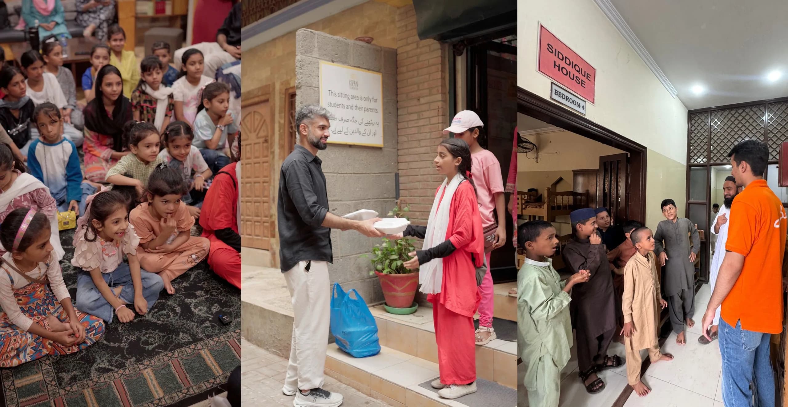 Three scenes from Shukar Hai dawats: children gathered indoors for a meal, a volunteer handing a meal box to a young girl, and boys lining up at an orphanage doorway